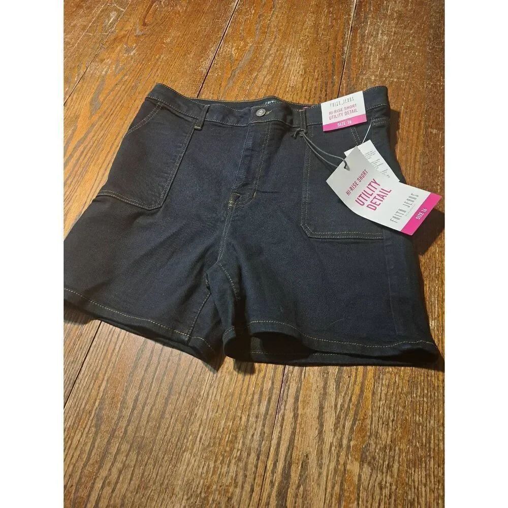 New Sz 16 Faith Jeans High Rise Utility Detail Denim Blue Jean Shorts w Pockets